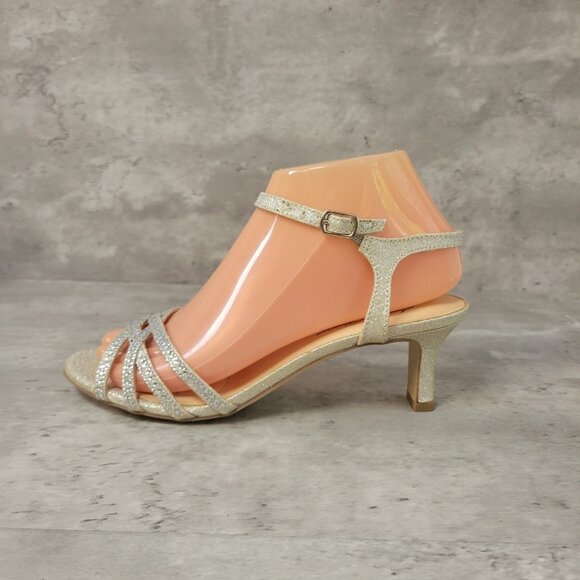 Badgley Mischka Vera American Glamour Shoes Heel Size 6.5 Silver Glitter Strappy - Picture 1 of 12